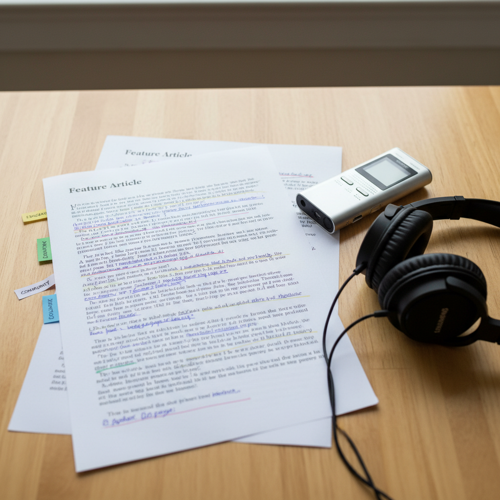 A close-up overhead view of a meticulously highlighted printout of a feature article draft, spread across a smooth light-wood table. Sentences are underlined with different pen colors, margin notes are written in precise handwriting, and adhesive flags mark key sections about education, culture, and community. Beside the pages, a slim digital recorder and a pair of simple, matte-black over-ear headphones rest, their textures clearly defined. Soft overcast window light illuminates the scene, reducing glare and revealing fine paper fibers and ink details. The composition uses rule of thirds, with the main article text offset and negative space balancing the frame. The mood is thoughtful, analytical, and detail-oriented, rendered in clean, photographic realism suited to a professional reporter’s editing process.