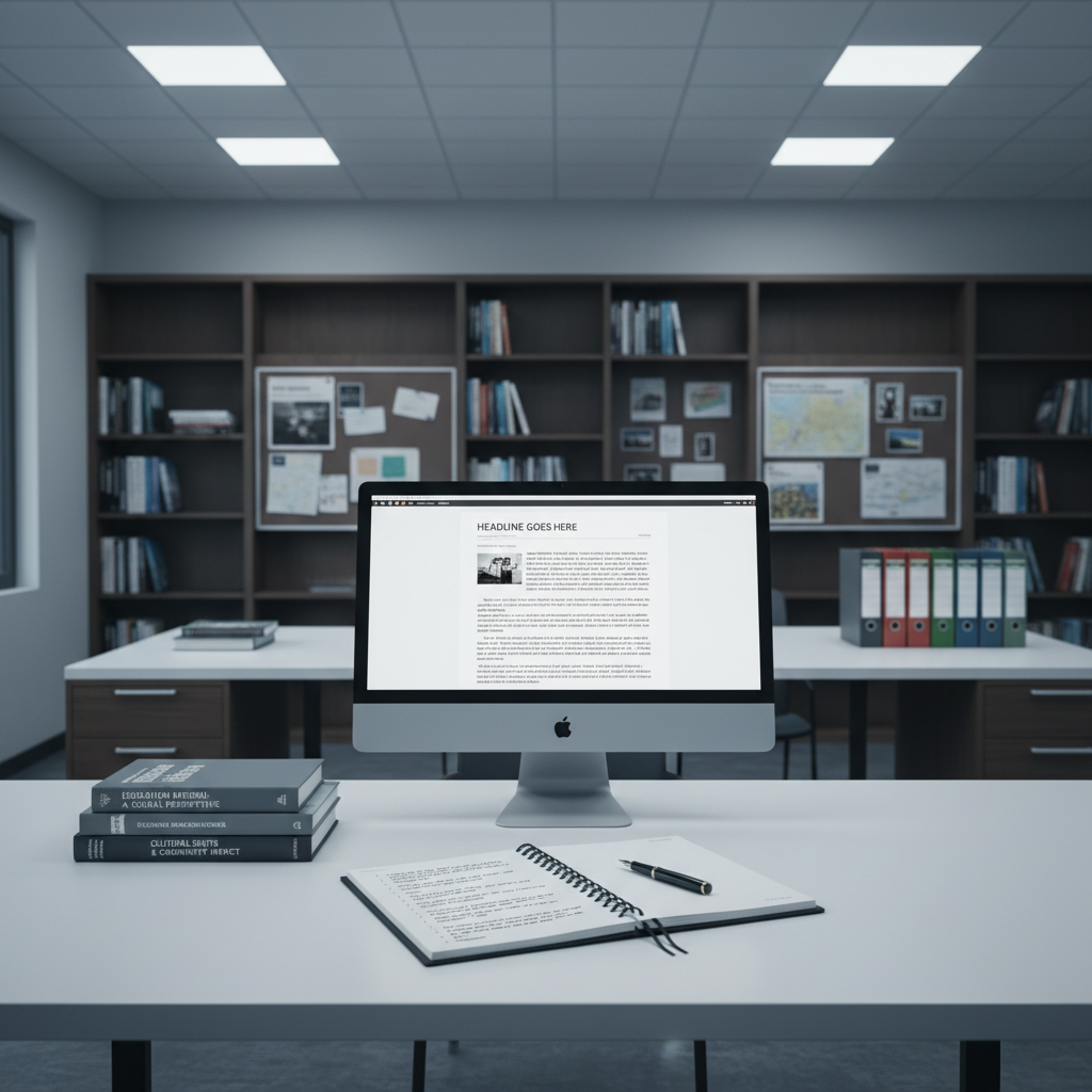 An empty, modern newsroom-style workspace focused on a long, matte-white table holding a minimalist computer monitor displaying a blank article layout. Around it are neatly stacked reference books on education policy and cultural studies, and a slim, open notebook filled with tidy bullet points. The background shows blurred bookshelves, corkboards with pinned clippings, and neatly arranged folders labeled by community topics. Cool, diffused ceiling lighting mixes with faint natural light from unseen windows, creating even illumination without harsh shadows. Captured from a slightly elevated angle with moderate depth of field, the monitor and notebook are sharply in focus while the surroundings gently soften. The atmosphere feels professional, organized, and quietly intense, emphasizing the craft and environment of serious journalism in a realistic photographic style.